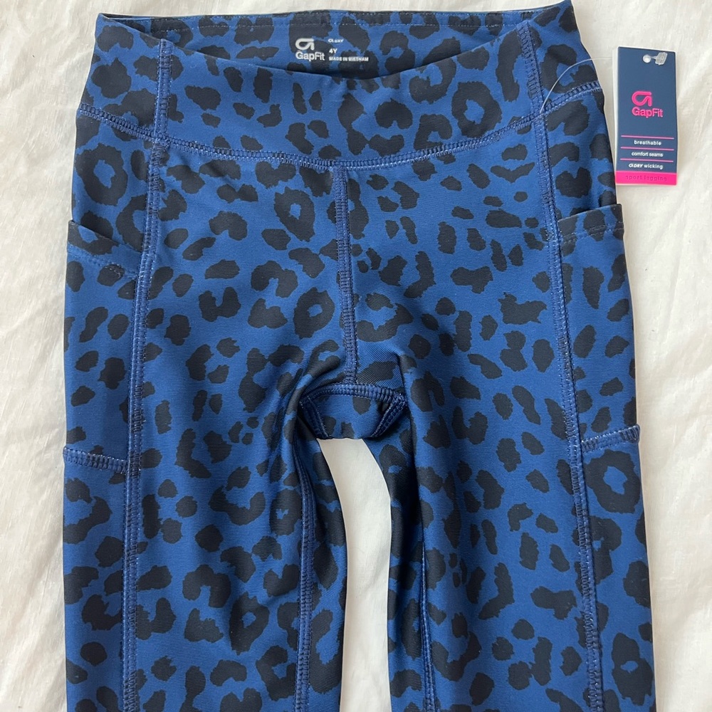 Gap kids girls active leggings, blue leopard print, size 4 years